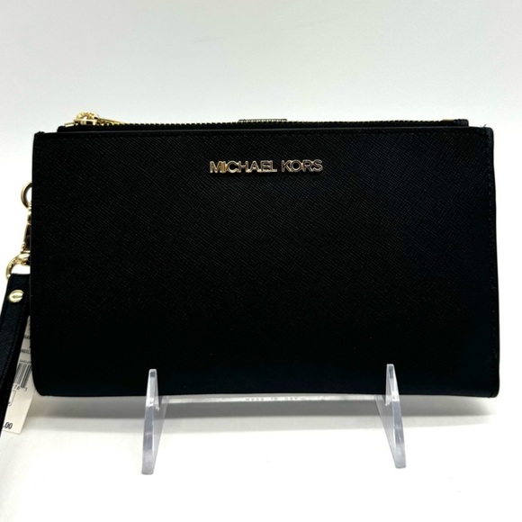 Michael Kors Large Double Zip Wallet Black/Gold - Picture 1 of 7